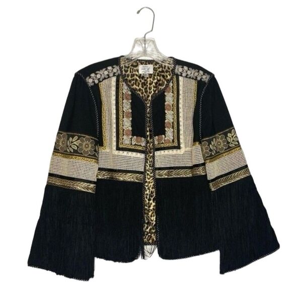 Just B Black Mixed Floral Polka Dot Animal Print Fringe Embroidered Jacket M - Picture 1 of 12